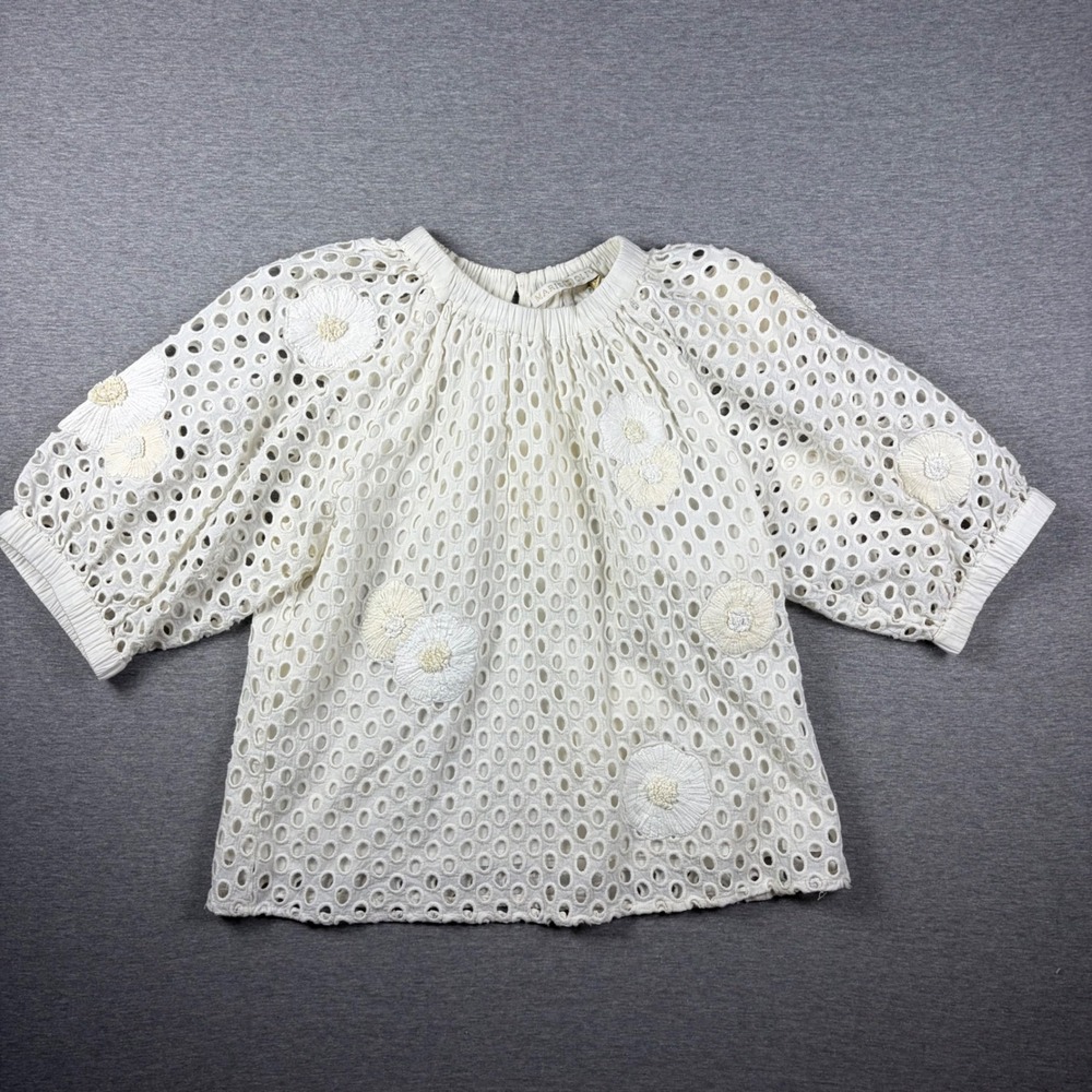 Marie Oliver Doro Top Womens XS Ivory Eyelet Floral Raffia Puff Sleeve Top